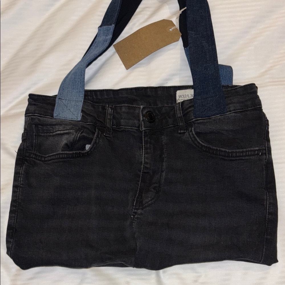 Black Denim Tote Bag with Blue Straps
Fun and Handmade With Actual Jeans